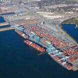 an aerial image of a shipping port