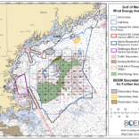 a map of the final wind energy areas from the Bureau of Ocean Energy Management that includes an overlay of the Gulf of Maine regions that were up for consideration last year