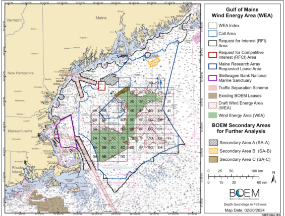 a map of the final wind energy areas from the Bureau of Ocean Energy Management that includes an overlay of the Gulf of Maine regions that were up for consideration last year