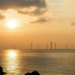a scenic view of the ocean in the late afternoon with a group of wind turbines visible in the distance