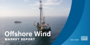 a graphic with the text "offshore wind market report" with an image of a wind turbine being built in the ocean in the background