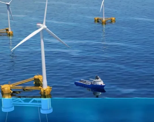 Floating offshore platforms anchored with mooring lines will be the technology of choice for the Gulf of Maine due to its deeper waters. Credit:Illustration by the National Renewable Energy Laboratory (NREL)